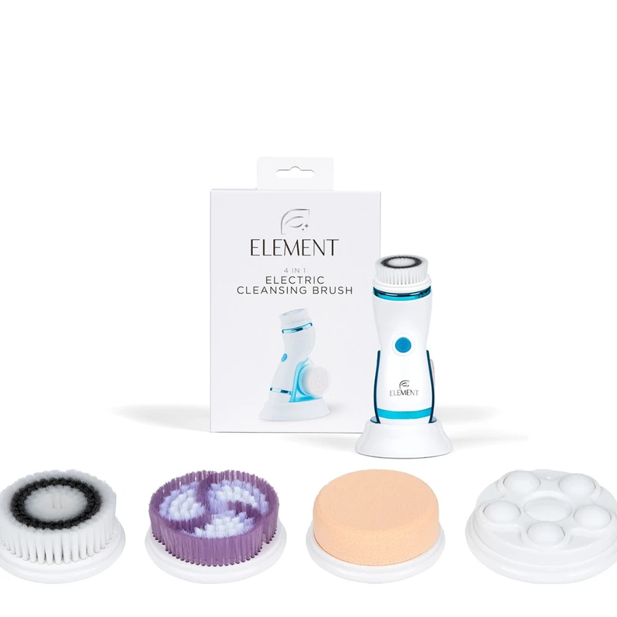 Element cleansing brush, box, and four snap-on heads