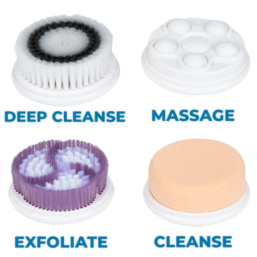 Four snap-on heads: deep cleanse, massage, exfoliate and cleanse